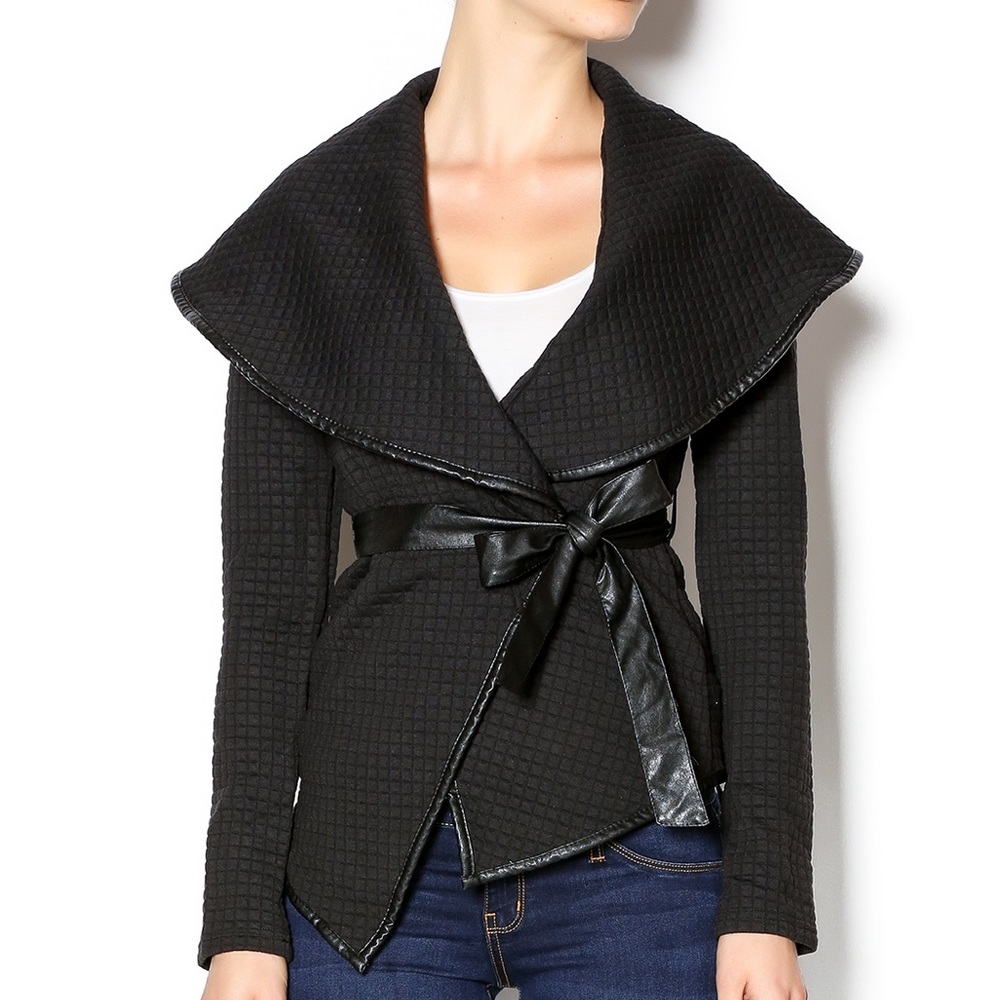 Xtaren Black Collared Leather Trim Wrap Sweater